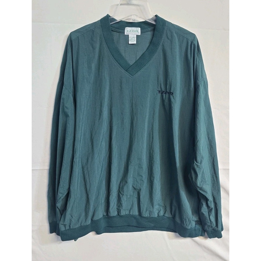 Izod Jacket Men L Golf Windbreaker Pullover V Neck 90s Green Nylon Vintage
